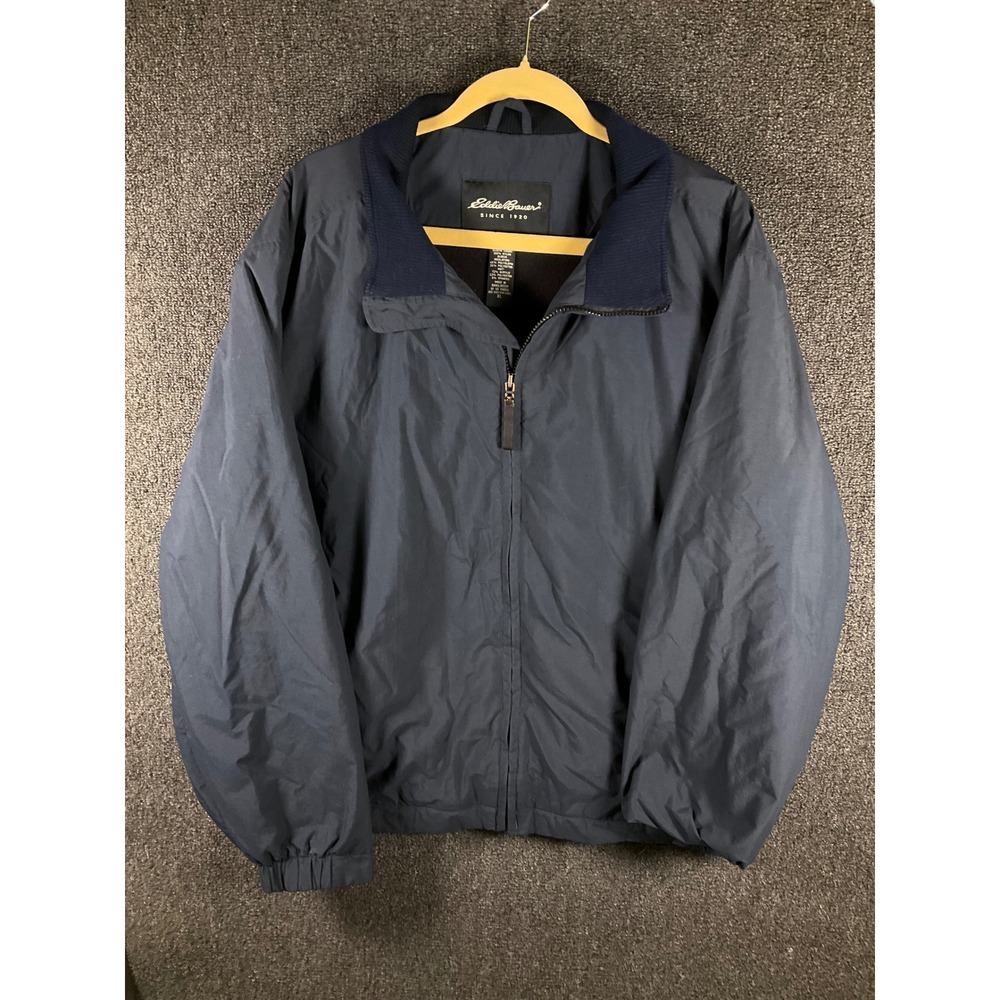 Eddie Bauer Mens XL Navy Blue Fleece Lined Full Zip Windbreaker Jacket Outerwear